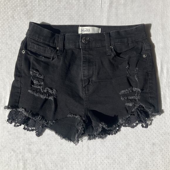Mudd Women Shorts 3 Black Denim FLEX STRETCH Distressed Fringe Lace 2” Inseam - Picture 1 of 8